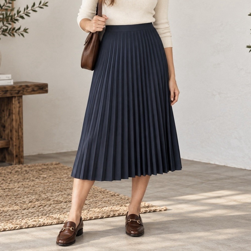 Everlane The Pleated Skirt Navy Blue 6 Midi Knife Pleat Minimalist Quiet Luxury